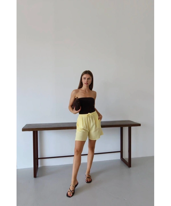 Müslin kumaş şort bağcıklı sarı pt