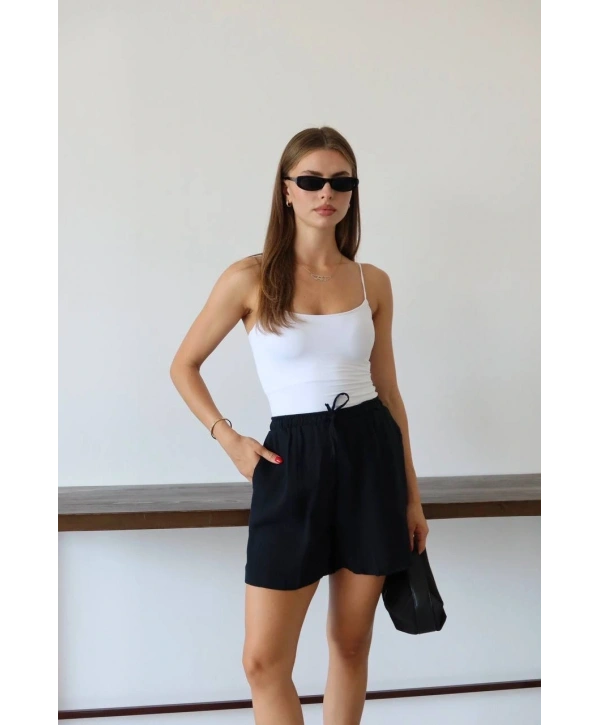 Müslin kumaş şort bağcıklı siyah pt