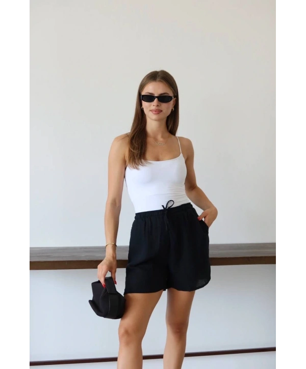 Müslin kumaş şort bağcıklı siyah pt