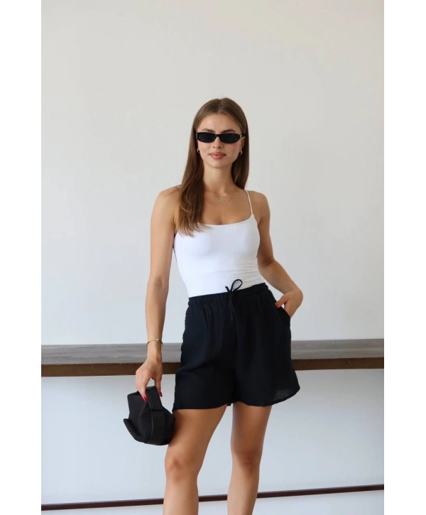 Müslin kumaş şort bağcıklı siyah pt