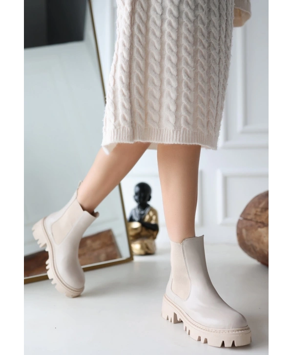 Ninle Bej Cilt Topuklu Bot