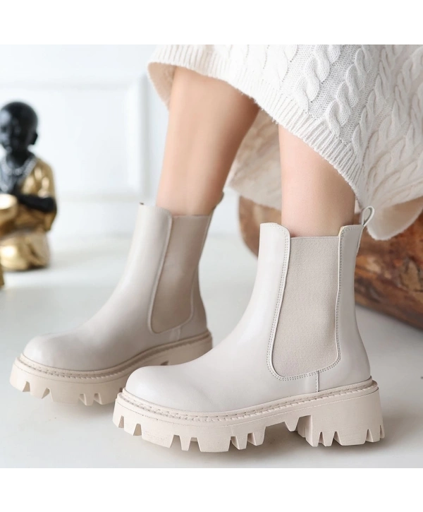 Ninle Bej Cilt Topuklu Bot