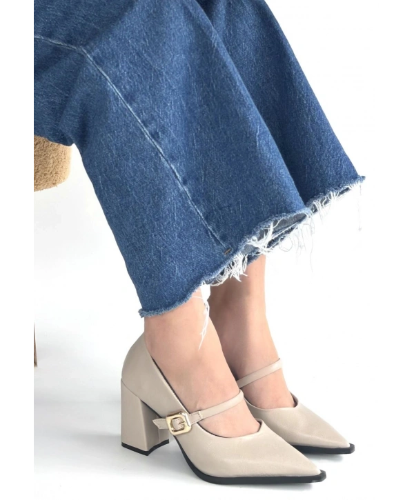 Nıvra Bej Cilt Topuklu Ayakkabı