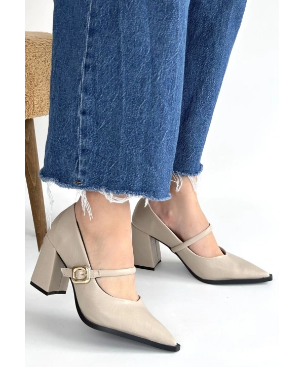 Nıvra Bej Cilt Topuklu Ayakkabı