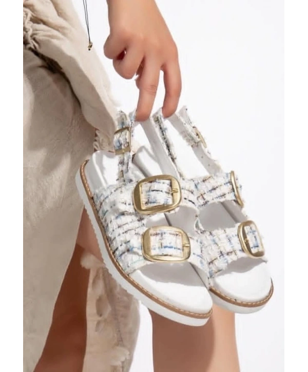 Olira Beyaz Simli Kemerli Sandalet