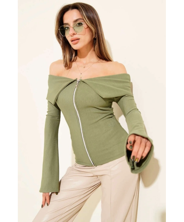 Omzu Açık Fermuarlı Bluz haki T4330