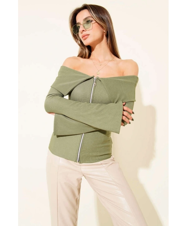 Omzu Açık Fermuarlı Bluz haki T4330