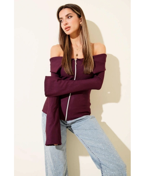 Omzu Açık Fermuarlı Bluz Mürdüm T4330