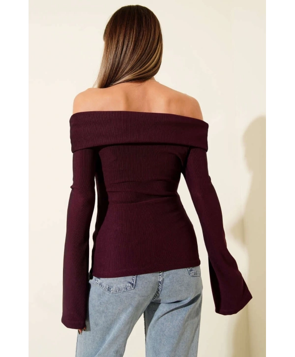 Omzu Açık Fermuarlı Bluz Mürdüm T4330