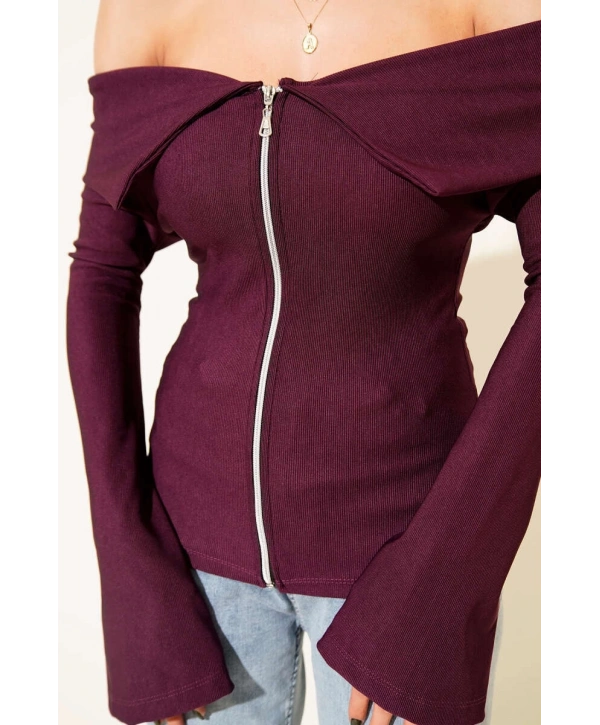 Omzu Açık Fermuarlı Bluz Mürdüm T4330