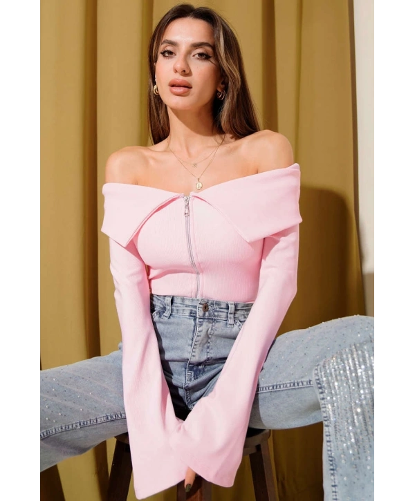 Omzu Açık Fermuarlı Bluz pembe T4330