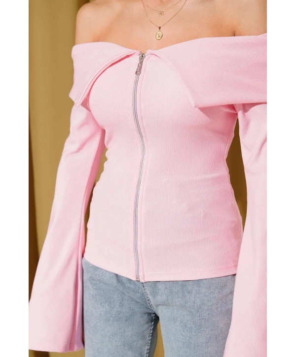 Omzu Açık Fermuarlı Bluz pembe T4330