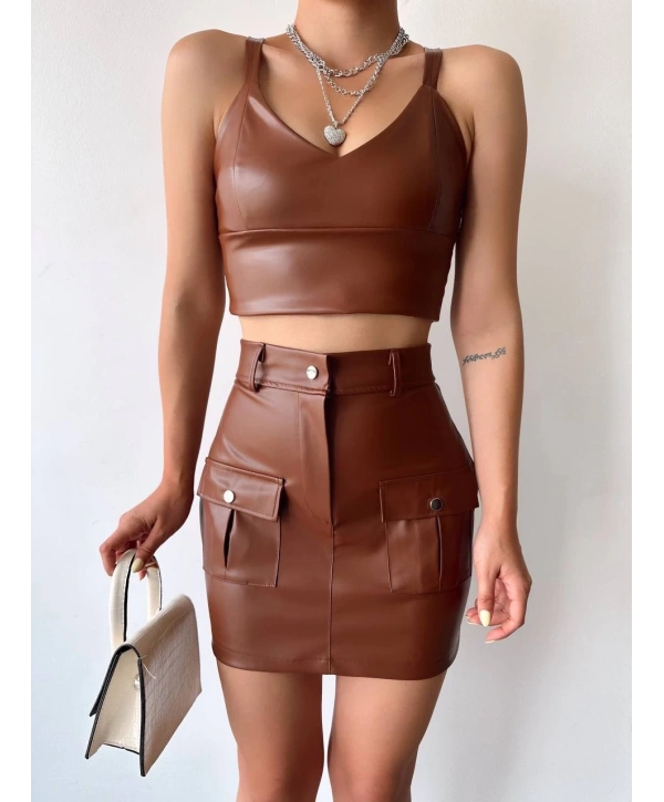 Önden iki cepli deri etek kahve h240040