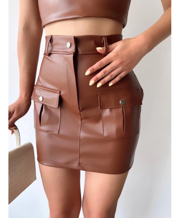 Önden iki cepli deri etek kahve h240040