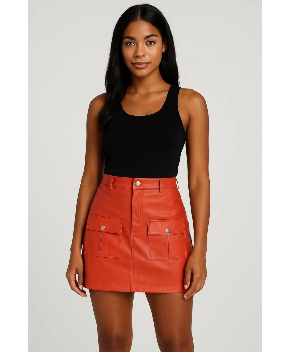 Önden iki cepli deri etek turuncu h240040