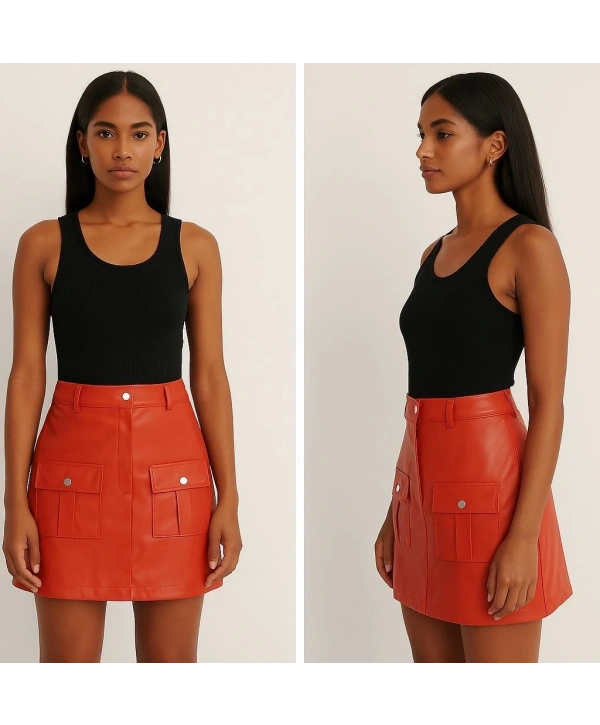 Önden iki cepli deri etek turuncu h240040