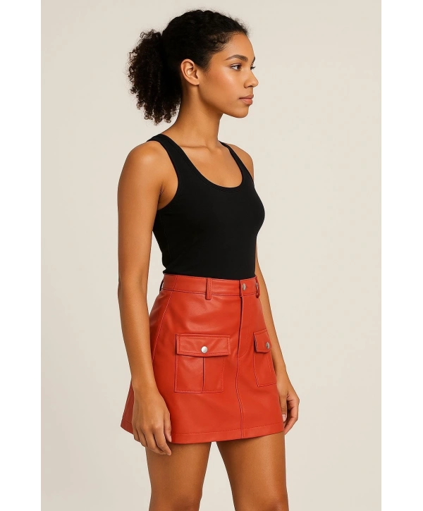 Önden iki cepli deri etek turuncu h240040