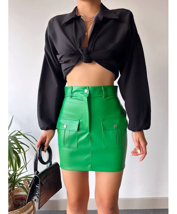 Önden iki cepli deri etek yeşil h240040