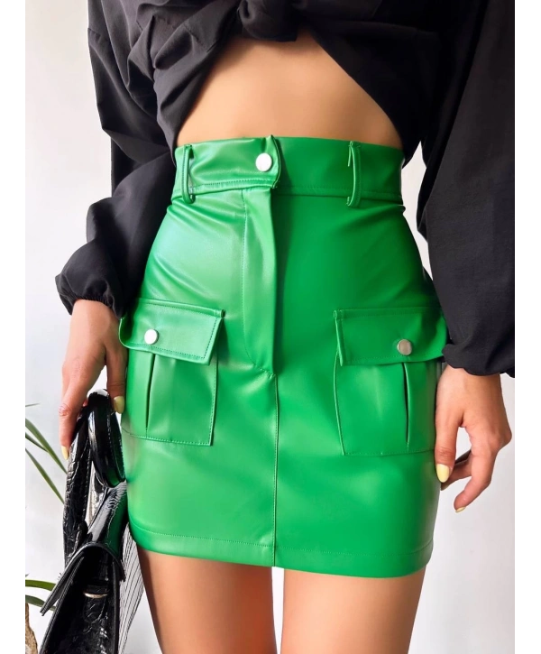 Önden iki cepli deri etek yeşil h240040