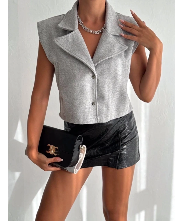 Önü çıtçıtlı cepli kaşe yelek gri f2253