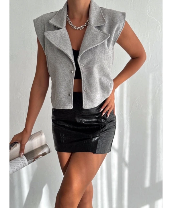 Önü çıtçıtlı cepli kaşe yelek gri f2253