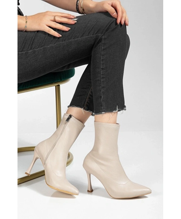 Orjen Bej Cilt Streç Topuklu Bot