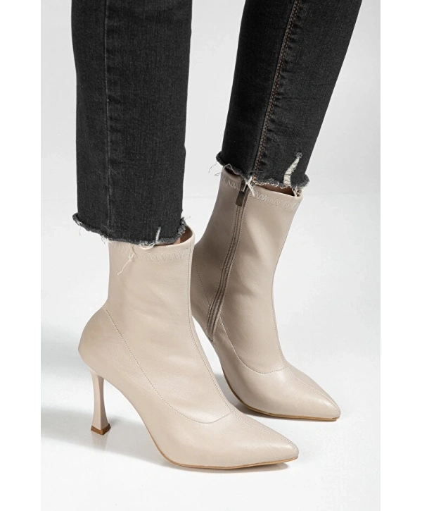 Orjen Bej Cilt Streç Topuklu Bot