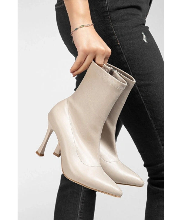 Orjen Bej Cilt Streç Topuklu Bot