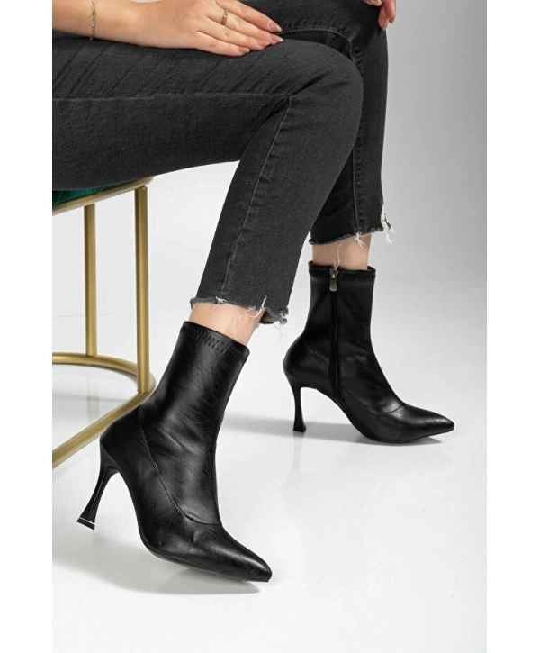 Orjen Siyah Cilt Streç Topuklu Bot