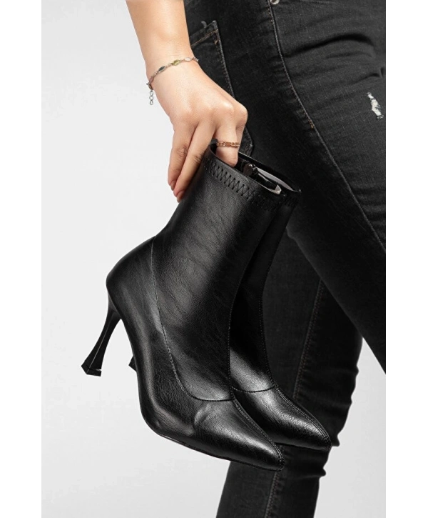 Orjen Siyah Cilt Streç Topuklu Bot