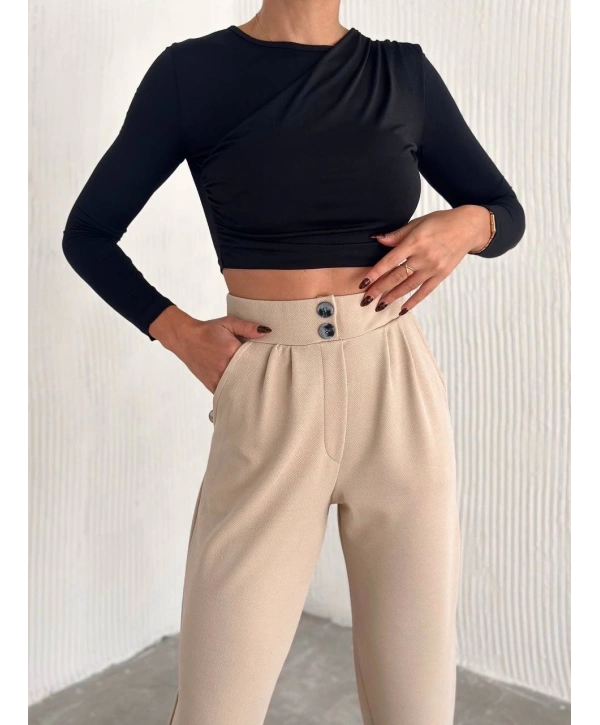 örme krep pantolon çift düğmeli