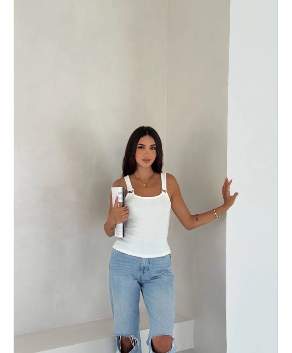 Ottoman toka askılı bluz beyaz s4194