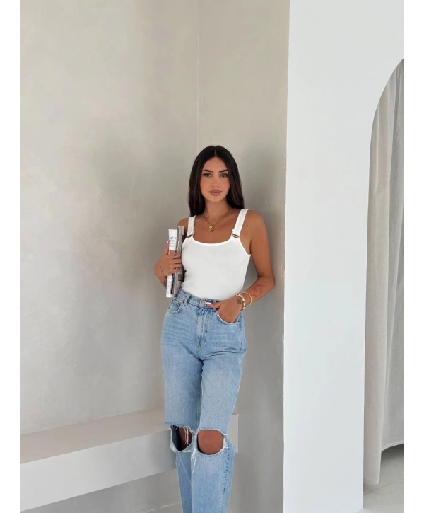 Ottoman toka askılı bluz beyaz s4194