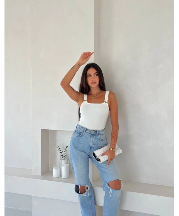 Ottoman toka askılı bluz beyaz s4194