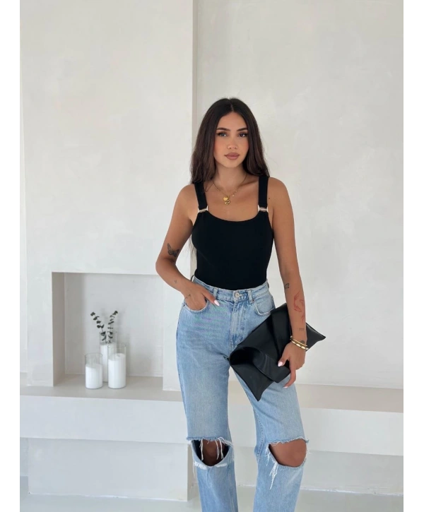 Ottoman toka askılı bluz siyah s4194