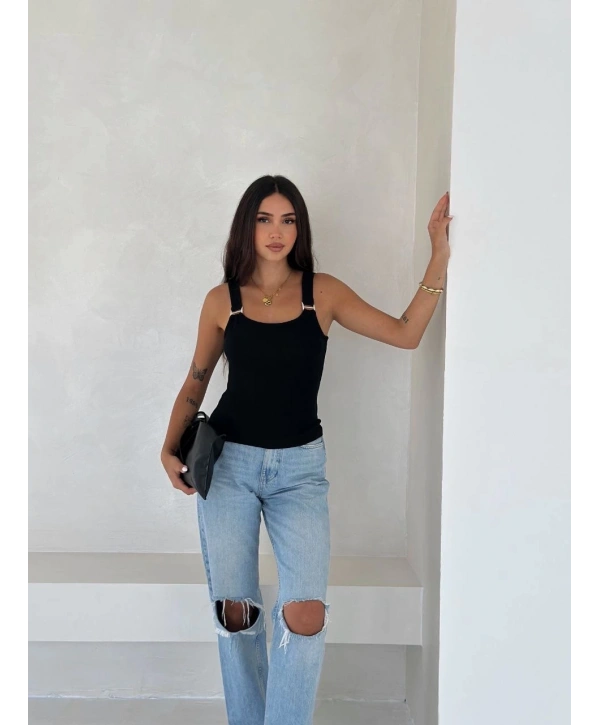 Ottoman toka askılı bluz siyah s4194