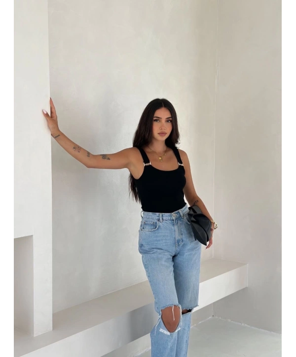 Ottoman toka askılı bluz siyah s4194