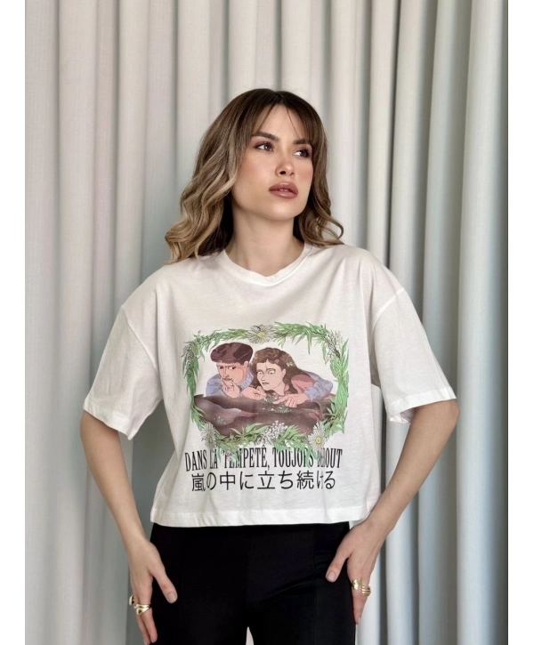 Oversize Beyaz baskılı crop tişört