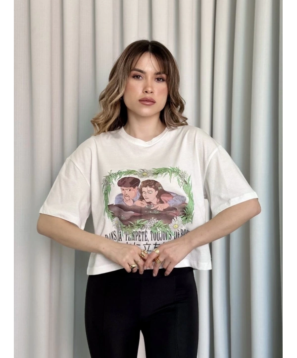 Oversize Beyaz baskılı crop tişört