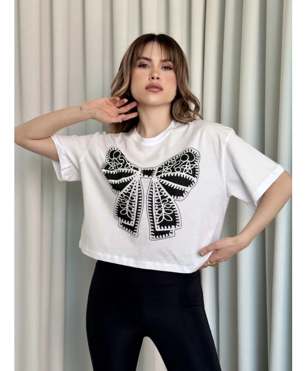 Oversize Beyaz baskılı crop tişört
