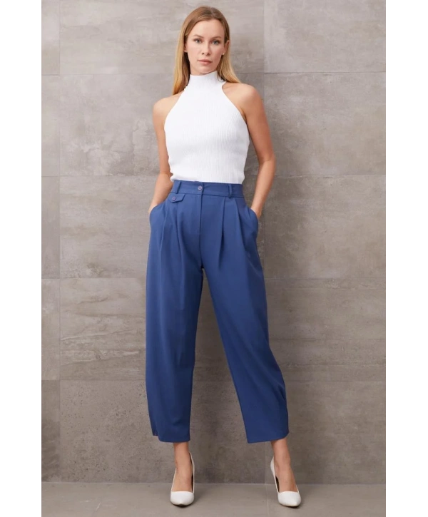Paçası Düğmeli Yüksek Bel Pantolon