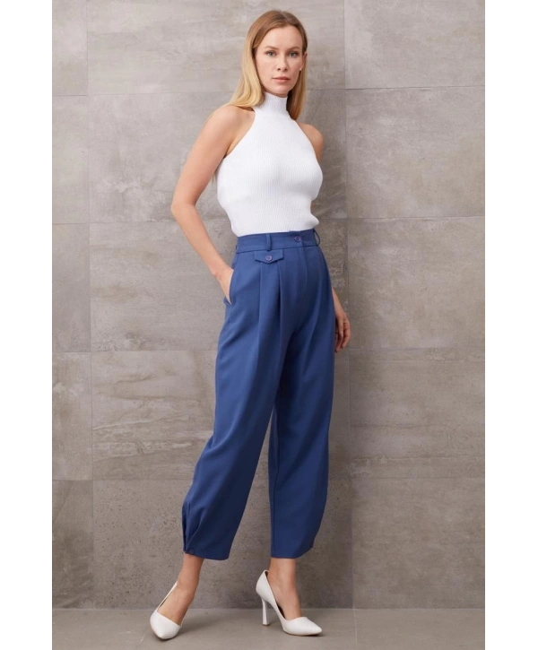 Paçası Düğmeli Yüksek Bel Pantolon