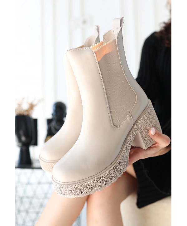 Paigo Bej Cilt Topuklu Bot