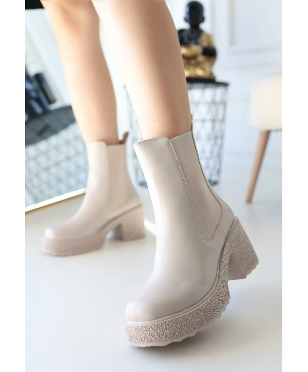 Paigo Bej Cilt Topuklu Bot