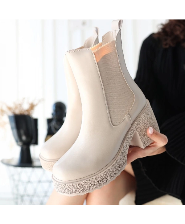 Paigo Bej Cilt Topuklu Bot