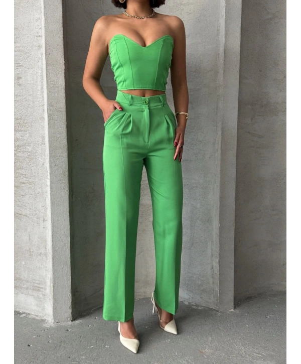 Palazzo pantolonlu alt üst takım yeşil