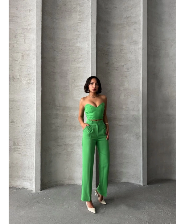 Palazzo pantolonlu alt üst takım yeşil
