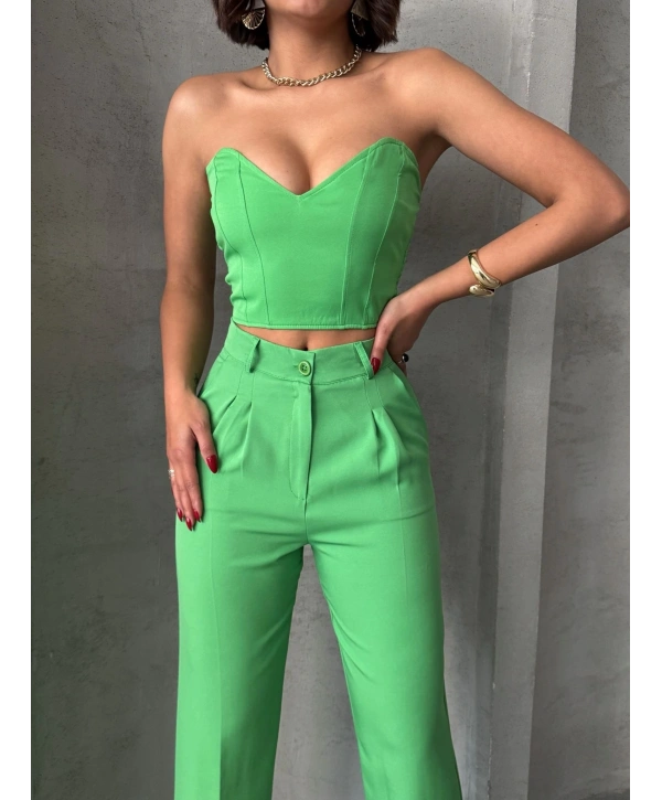 Palazzo pantolonlu alt üst takım yeşil
