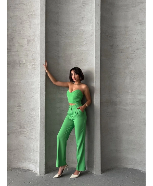Palazzo pantolonlu alt üst takım yeşil