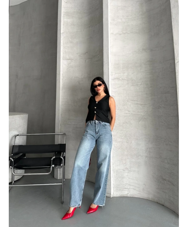 Palazzo straight kar yıkama jeans pantolon mavi d2008